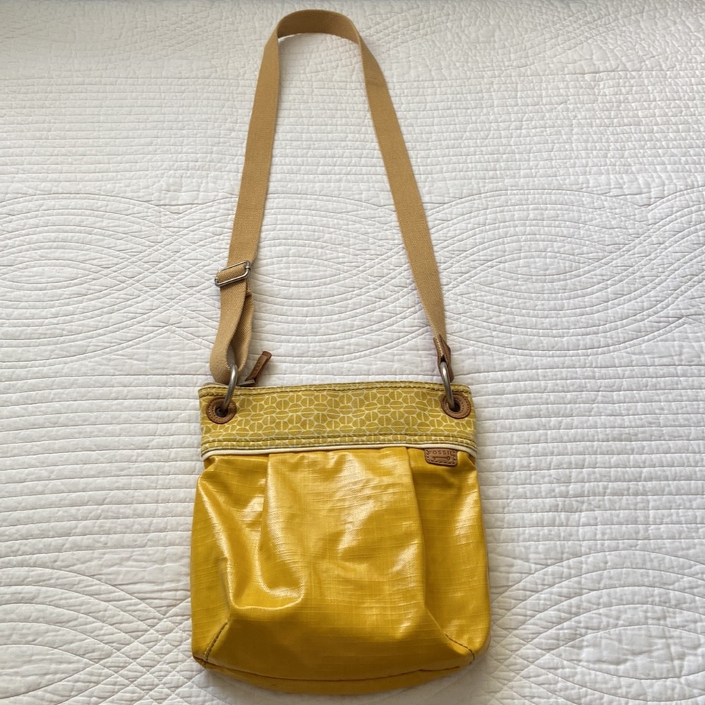 Fossil Crossbody Bag and Wristlet Coated Canvas Leather Trim Yellow Tan Brown - Picture 3 of 17